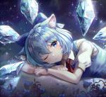  1girl ;) absurdres animal_ear_fluff animal_ears ascot blue_bow blue_dress blue_eyes blue_flower blue_hair blurry blush bow breasts cat_ears cirno closed_mouth collared_shirt dark_background depth_of_field dress flower glint hair_between_eyes hair_bow head_rest highres huge_filesize ice ice_wings kemonomimi_mode looking_at_viewer lying mirage48291584 on_ground on_side one_eye_closed puffy_short_sleeves puffy_sleeves red_neckwear shirt short_hair short_sleeves small_breasts smile solo sparkle touhou upper_body white_shirt wings 