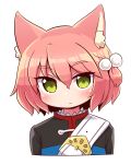  1girl 7th_dragon 7th_dragon_(series) animal_ear_fluff animal_ears bangs belt belt_buckle blue_jacket blush buckle cat_ears closed_mouth commentary_request cropped_torso eyebrows_visible_through_hair green_eyes hair_between_eyes hair_bobbles hair_ornament harukara_(7th_dragon) highres jacket looking_at_viewer naga_u one_side_up pink_hair simple_background solo upper_body white_background white_belt 