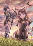  2girls :3 \||/ animal_ear_fluff animal_ears armor armored_dress bangs bell bird black_footwear brown_hair brown_legwear brown_shorts cloud cloudy_sky commentary detached_sleeves dress eyebrows_visible_through_hair flower full_body gauntlets grass halberd hand_on_own_knee headband hirokazu_(analysis-depth) holding holding_spear holding_weapon jewelry kneeling long_hair looking_at_viewer mifuyu_(princess_connect!) mountainous_horizon multiple_girls outdoors outstretched_hand polearm ponytail princess_connect! princess_connect!_re:dive purple_dress purple_eyes purple_hair purple_legwear reaching_out red_eyes red_footwear red_ribbon ribbon ring sandals short_hair short_shorts short_sleeves shorts sky smile spear standing tail tamaki_(princess_connect!) thighhighs weapon wide_sleeves wind 