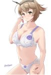  1girl bra breasts brown_hair cleavage commentary_request cowboy_shot green_eyes hairband headgear highres kamikitayotsuba kantai_collection large_breasts mutsu_(kantai_collection) panties radio_antenna short_hair simple_background solo underwear underwear_only white_background white_bra white_panties 