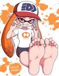  1girl barefoot bike_shorts domino_mask feet foot_focus happy hat inkling lewdsaiga long_hair looking_at_viewer mask orange_eyes orange_hair pointy_ears sitting smile soles solo splatoon_(series) splatoon_1 splatoon_2 squid teeth tentacle_hair toes v 