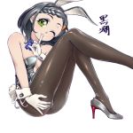  1girl animal_ears black_hair black_legwear blue_neckwear bow bowtie braid braided_bangs breasts bunny_ears bunny_tail character_name detached_collar fake_animal_ears finger_to_mouth full_body gloves green_eyes hair_ornament hairclip high_heels index_finger_raised kantai_collection kuroshio_(kantai_collection) leotard looking_at_viewer medium_breasts one_eye_closed pantyhose playboy_bunny short_hair silver_footwear silver_leotard simple_background smile solo strapless strapless_leotard tail uzuki_kosuke white_background white_gloves wrist_cuffs 