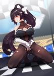  1girl azur_lane bare_shoulders black_hair black_legwear black_leotard blush bow breasts brown_eyes checkered checkered_flag cleavage cleavage_cutout closed_mouth clothing_cutout collarbone covered_nipples elbow_gloves fingerless_gloves flag gloves hair_bow highres large_breasts leotard long_hair looking_away nanostar pantyhose ponytail race_queen side_slit solo takao_(azur_lane) takao_(full_throttle_charmer)_(azur_lane) very_long_hair white_bow white_gloves 