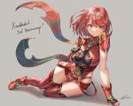  1girl breasts fingerless_gloves gloves highres ioriwu8 jewelry large_breasts pyra_(xenoblade) red_eyes red_hair shorts signature simple_background skindentation solo xenoblade_chronicles_(series) xenoblade_chronicles_2 