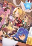  5girls absurdres animal_ears black_gloves blonde_hair blue_hair blush brown_eyes charlotta_fenia closed_eyes closed_mouth cup day drinking drinking_glass elbow_gloves eyebrows_visible_through_hair ferry_(granblue_fantasy) frip gloves granblue_fantasy granblue_fantasy_versus highres holding holding_cup horns long_hair looking_at_viewer metera_(granblue_fantasy) multiple_girls narmaya_(granblue_fantasy) one_eye_closed outdoors pink_hair ponytail smile upper_teeth wine_glass zeta_(granblue_fantasy) 
