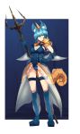  1girl aqua_eyes armor blue_hair breasts cleavage closed_mouth covered_nipples eyebrows_visible_through_hair full_body hair_between_eyes hand_on_hip highres holding holding_weapon horns large_breasts leotard looking_at_viewer monster_girl nanostar original polearm short_hair single_horn solo trident weapon 