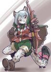  2020 action_pose anthro blue_hair boots bottomwear bow_(weapon) cape clothed clothing felid female footwear hair holding_bow holding_object holding_weapon kemono mammal pantherine pose ranged_weapon setouchi_kurage shorts snow_leopard solo weapon yellow_eyes 