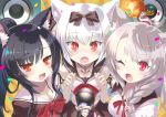  3girls :d :o anchor_necklace animal_ear_fluff animal_ears arms_up azur_lane bangs black_bow black_hair blush bow bowtie braid breasts cat_ears chicken_leg cleavage collarbone commentary_request confetti crop_top eyebrows_visible_through_hair fang fingerless_gloves gloves hair_bow highres holding krono_tokage long_hair looking_at_viewer medium_breasts microphone midriff multicolored multicolored_nails multiple_girls nail_polish one_eye_closed open_mouth pleated_skirt ponytail red_eyes red_neckwear revision ribbon sailor_collar school_uniform serafuku shigure_(azur_lane) short_hair sidelocks silver_hair skin_fang skirt smile speaker tail thick_eyebrows wolf_ears yukikaze_(azur_lane) yuudachi_(azur_lane) 