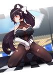  1girl azur_lane bare_shoulders black_hair black_legwear black_leotard blush bow breasts brown_eyes checkered checkered_flag cleavage cleavage_cutout closed_mouth clothing_cutout collarbone covered_nipples elbow_gloves fingerless_gloves flag gloves hair_bow highres large_breasts leotard long_hair looking_away nanostar pantyhose ponytail race_queen side_slit solo takao_(azur_lane) takao_(full_throttle_charmer)_(azur_lane) very_long_hair white_bow white_gloves 