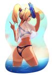  1girl ass bikini blonde_hair blue_eyes blush dark_skin day from_behind highres looking_at_viewer nanostar open_mouth original outdoors ponytail short_hair smile swimsuit tan tanline upper_teeth water_gun 