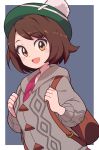  1girl backpack bag blush brown_eyes brown_hair eyebrows_visible_through_hair gloria_(pokemon) hat highres looking_at_viewer nazonazo_(nazonazot) open_mouth pokemon pokemon_(game) pokemon_swsh short_hair smile solo tam_o&#039;_shanter 