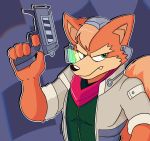  anthro bandanna black_nose canid canine cheek_tuft claws clothing eyebrows facial_tuft fangs fox fox_mccloud fur gun head_tuft hi_res holding_object holding_weapon jacket kerchief male mammal nintendo orange_body orange_fur ranged_weapon solo spadetale star_fox tan_body tan_fur tan_inner_ear topwear tuft video_games weapon 