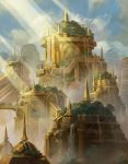  1girl architecture arms_up blue_sky bridge cityscape cloud day dome fantasy fog from_below gold highres light_rays long_skirt magic:_the_gathering outdoors overgrown scenery skirt sky spire sunbeam sunlight temple tree water waterfall yeong-hao_han 