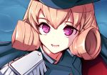  1girl azur_lane bangs blonde_hair blue_headwear bright_pupils cape carabiniere_(azur_lane) epaulettes from_above hat military military_uniform nanostar nervous nervous_smile open_mouth purple_eyes sailor_moon_redraw_challenge short_hair sidelocks solo uniform upper_body white_pupils 