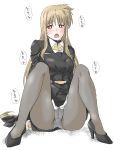  1girl black_ribbon blonde_hair blush breasts elf_(stroll_in_the_woods) fate_testarossa high_heels highres large_breasts long_hair looking_at_viewer lyrical_nanoha m_legs mahou_shoujo_lyrical_nanoha mahou_shoujo_lyrical_nanoha_strikers panties panties_under_pantyhose pantyhose red_eyes ribbon solo spread_legs underwear uniform very_long_hair white_background white_panties 