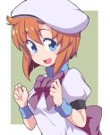  1girl blue_eyes blush bow breasts brown_bow brown_hair eyebrows_visible_through_hair hat highres higurashi_no_naku_koro_ni looking_at_viewer medium_breasts nazonazo_(nazonazot) open_mouth puffy_short_sleeves puffy_sleeves ryuuguu_rena short_hair short_sleeves smile solo upper_body white_headwear 