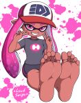  1girl barefoot bike_shorts domino_mask feet foot_focus happy hat inkling lewdsaiga long_hair looking_at_viewer mask pointy_ears purple_eyes purple_hair sitting smile soles solo splatoon_(series) splatoon_1 splatoon_2 squid teeth tentacle_hair toes v 