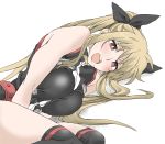  1girl blonde_hair blush breasts drooling elf_(stroll_in_the_woods) fate_testarossa long_hair lying lyrical_nanoha mahou_shoujo_lyrical_nanoha medium_breasts on_side open_mouth red_eyes solo thighhighs thighs v_arms very_long_hair white_background 