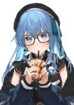  1girl absurdres alternate_costume beret bespectacled blue_eyes blue_hair blush bubble_tea commentary_request glasses hair_ornament hat highres hololive hoshimachi_suisei jacket long_hair looking_at_viewer simple_background sipping solo tsukino_(nakajimaseiki) virtual_youtuber white_background 