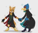  anthro aqup0pz avian bandanna beak canid canine cape clothing falco_lombardi feathers fox fox_mccloud fur gloves green_eyes hand_holding handwear inner_ear_fluff kerchief male mammal nintendo one_eye_closed orange_body orange_fur red_body red_feathers smile star_fox tan_body tan_fur teeth tuft video_games wink 