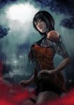  1girl bare_shoulders black_hair black_shorts breasts clothing_cutout fatal_frame gauss_&lt;bokashi highres kozukata_yuuri looking_at_viewer medium_breasts medium_hair nostrils orange_shirt parted_lips rain shirt short_sleeves shorts shoulder_cutout solo thigh_strap wet wet_clothes wet_hair 