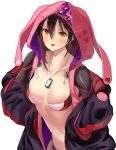  1girl :p android animal_hood bangs black_jacket blush breasts brown_hair bunny_hood cleavage collarbone commentary dog_tags drawstring eyebrows_behind_hair from_above gradient_hair hair_between_eyes hands_in_pockets heri highres hololive hood hood_up hooded_vest hoodie jacket long_sleeves looking_at_viewer mechanical_arms mechanical_legs multicolored_hair navel off-shoulder_jacket open_clothes open_jacket open_vest paw_print pink_vest roboco-san short_hair sidelocks simple_background smile solo standing tongue tongue_out vest virtual_youtuber white_background yellow_eyes 