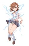  1girl biribiri brown_eyes coin electricity emu_(trigger) hair_ornament hairpin highres loose_socks misaka_mikoto one_eye_closed school_uniform short_sleeves shorts shorts_under_skirt simple_background skirt solo sweater_vest to_aru_kagaku_no_railgun to_aru_majutsu_no_index tokiwadai_school_uniform white_background 