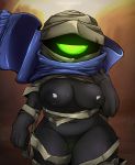  1_eye absurd_res bandage black_body black_skin breasts female genitals green_eyes green_pussy hairy_pussy hi_res humanoid inverted_nipples looking_at_viewer nipples not_furry nuclear_throne nude pussy rebel_(nuclear_throne) scarf solo superbinario thick_thighs video_games wide_hips 