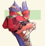  5_fingers anthro avian beak bird blue_body blue_feathers boots clothing falco_lombardi feathers fingers footwear gun half-closed_eyes hi_res jacket looking_at_viewer looking_back male narrowed_eyes nintendo nobllite ranged_weapon red_body red_feathers smile solo star_fox tail_feathers topwear video_games weapon 