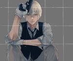  1boy amuro_tooru arm_up bangs black_neckwear black_vest blonde_hair closed_mouth collared_shirt commentary_request gloves green_eyes grey_background grey_gloves grey_pants grey_shirt grid grid_background gun hair_between_eyes holding holding_gun holding_weapon lips looking_at_viewer loose_necktie male_focus meitantei_conan mrc-k necktie pants shirt sitting sleeves_rolled_up solo vest water_drop weapon wet wet_clothes wet_shirt 