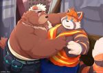  ailurid anthro armor belly blush chiko_mew clothed clothing construction_worker duo flirting goro_(live-a-hero) headgear helmet live-a-hero male male/male mammal moobs musclegut nipple_fetish nipple_pinch nipple_play overweight overweight_male pinch red_panda slightly_chubby topless ursid 