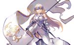  1girl absurdres armor armored_dress banner blonde_hair blue_eyes breasts chain cowboy_shot fate/apocrypha fate/grand_order fate_(series) faulds flag fur-trimmed_legwear fur_trim gauntlets gorget headpiece highres holding holding_flag jeanne_d&#039;arc_(fate) jeanne_d&#039;arc_(fate)_(all) large_breasts long_hair plackart revision same_(sendai623) scabbard sheath sheathed smile solo standard_bearer standing sword thighhighs very_long_hair weapon 