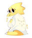  alphys anthro barefoot blush bodily_fluids claws clothed clothing coat delta_rune_(emblem) eyewear female freckles glasses hi_res holding_arm lab_coat lizard looking_at_viewer looking_back rear_view reptile scales scalie simple_background solo sparkles standing surrealist101 sweat symbol thick_tail topwear undertale video_games yellow_body yellow_scales 