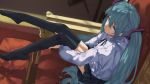  1girl aqua_eyes aqua_hair commentary from_above hair_ornament hands_on_own_legs hatsune_miku highres lab2linch long_hair looking_at_viewer neck_ribbon ottoman ribbon shirt sideways_glance sitting solo thighhighs throne twintails very_long_hair vocaloid white_shirt zettai_ryouiki 