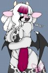 anthro bat_wings big_breasts blue_eyes blush bovid bovine breasts cattle chiropteran clothing cow_costume female fur hi_res horn hybrid mammal membrane_(anatomy) membranous_wings miu_vamcat miu_vamcat_(character) moovember solo tail_tuft thick_thighs tuft wet wet_clothing white_body white_fur wings 