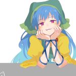  1girl apron arm_rest bangs blouse blue_hair blue_ribbon blush eyebrows_visible_through_hair floral_print green_apron green_headwear hands_on_own_face haniyasushin_keiki head_rest head_scarf highres long_hair looking_at_viewer magatama magatama_necklace open_mouth puffy_short_sleeves puffy_sleeves red_eyes ribbon shikushiku_(amamori_weekly) short_sleeves simple_background smile solo symbol_commentary table teeth touhou upper_body white_background wrist_ribbon yellow_blouse 
