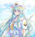  1girl alice_carroll aria bangs beret blue_eyes blush dress green_hair hair_between_eyes hat here_(hr_rz_ggg) long_hair orange_planet_uniform sailor_collar short_sleeves solo white_dress 