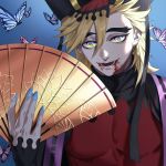  1boy bangs black_headwear black_shirt blonde_hair blood blood_on_face blue_background blue_nails bug butterfly demon_boy douma_(kimetsu_no_yaiba) fan fangs fingernails gradient gradient_background hair_between_eyes hand_up hat highres himmel_(allsky83) holding holding_fan insect kimetsu_no_yaiba long_hair long_sleeves looking_at_viewer male_focus multicolored multicolored_eyes open_mouth rainbow_eyes red_shirt sharp_fingernails shirt smile solo thick_eyebrows tsurime turtleneck two-tone_shirt 