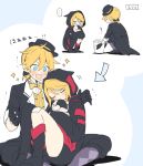  ... 1boy 1girl black_coat black_gloves black_headwear black_hoodie blush bow bowtie bucket coat doll_hug food gloves hood hoodie kagamine_len kagamine_rin open_mouth project_diva_(series) scissors_(module) short_ponytail sitting sitting_on_lap sitting_on_person sleeping smile smiley_face sparkle speech_bubble spoken_ellipsis squatting stitches stuffed_animal stuffed_toy surprised suzumi_(fallxalice) teddy_bear translated trembling tricker_(module) v-shaped_eyebrows vocaloid yellow_neckwear 