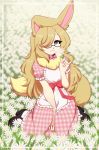  anthro collar eyewear female flower glasses hair hair_over_eye hi_res holding_flower holding_object lagomorph leporid looking_at_viewer mammal one_eye_obstructed plant rabbit re-sublimity-kun sitting solo 