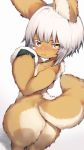  1other absurdres animal_ears ass closed_mouth commentary eating eyebrows_visible_through_hair eyes_visible_through_hair food food_on_face from_behind fur furry gradient gradient_background highres holding holding_food looking_at_viewer made_in_abyss nanachi_(made_in_abyss) nude onigiri rice rice_on_face short_hair tab_head tail whiskers white_background white_hair yellow_eyes 