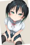  bangs between_legs black_hair black_legwear dress_shirt from_above gradient_hair green_eyes green_hair green_skirt hair_between_eyes hand_between_legs highres looking_at_viewer love_live! love_live!_nijigasaki_high_school_idol_club medium_hair multicolored_hair nijigasaki_academy_uniform pink_ribbon plaid plaid_skirt ribbon school_uniform shirt sitting skirt solo takasaki_yuu tem10 thighhighs twintails two-tone_hair white_shirt zettai_ryouiki 