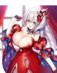  1girl bare_shoulders blue_eyes breasts cleavage dress fate/grand_order fate/requiem fate_(series) gloves half_gloves highres kodama_yuu large_breasts long_hair marie_antoinette_(alter)_(fate/grand_order) marie_antoinette_(fate/grand_order) red_gloves revision side_ponytail silver_hair smile solo very_long_hair 