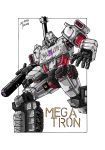  1boy absurdres arm_cannon border character_name clenched_hand decepticon english_commentary highres insignia lextodrawstuff looking_at_viewer megatron megatron_(idw) no_humans open_hand red_eyes solo the_transformers_(idw) transformers weapon white_background 