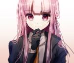  1girl bangs black_gloves black_jacket blunt_bangs braid closed_mouth collared_shirt commentary_request danganronpa danganronpa_1 eyebrows_visible_through_hair gloves hair_ribbon hand_on_own_chin hand_up jacket kirigiri_kyouko long_hair long_sleeves looking_at_viewer mdr_(mdrmdr1003) necktie open_clothes open_jacket pink_hair portrait purple_eyes purple_hair ribbon shirt side_braid simple_background single_braid smile solo white_background white_shirt 