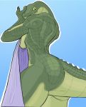  2020 anthro athena_(f_draws) big_butt blue_background breasts butt casual_nudity crocodilian f_draws female hi_res hiding_breasts looking_at_viewer looking_back muscular muscular_anthro muscular_female non-mammal_breasts reptile scalie simple_background solo towel 