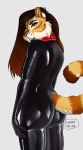  anthro bdsm butt clothing collar cynthiafeline felid female gloves hair handwear hi_res highlights_(coloring) khajira_(cynthiafeline) latex_gloves mammal pantherine photorealism rubber rubber_suit slave solo strawberry_tiger tiger 