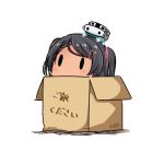  1girl black_hair box braid cardboard_box dated hatsuzuki_527 in_box in_container kantai_collection scirocco_(kantai_collection) short_hair simple_background solid_oval_eyes solo tan translation_request twitter_username two_side_up white_background 