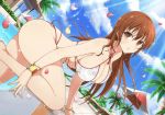  1girl bangs bare_shoulders bikini blue_sky blush breasts brown_eyes brown_hair cleavage collarbone crossover day dead_or_alive dead_or_alive_6 dead_or_alive_xtreme hair_down highres kasumi_(doa) long_hair looking_at_viewer official_art outdoors petals pool senran_kagura sky solo swimsuit thighs wading white_bikini wristband yaegashi_nan 