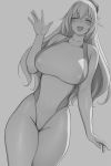  1girl atago_(kantai_collection) bangs beret blush breasts closed_eyes eyebrows_visible_through_hair greyscale hat heart highres huge_breasts kantai_collection long_hair lvl_(sentrythe2310) monochrome one-piece_swimsuit open_mouth plump simple_background solo swimsuit waving 